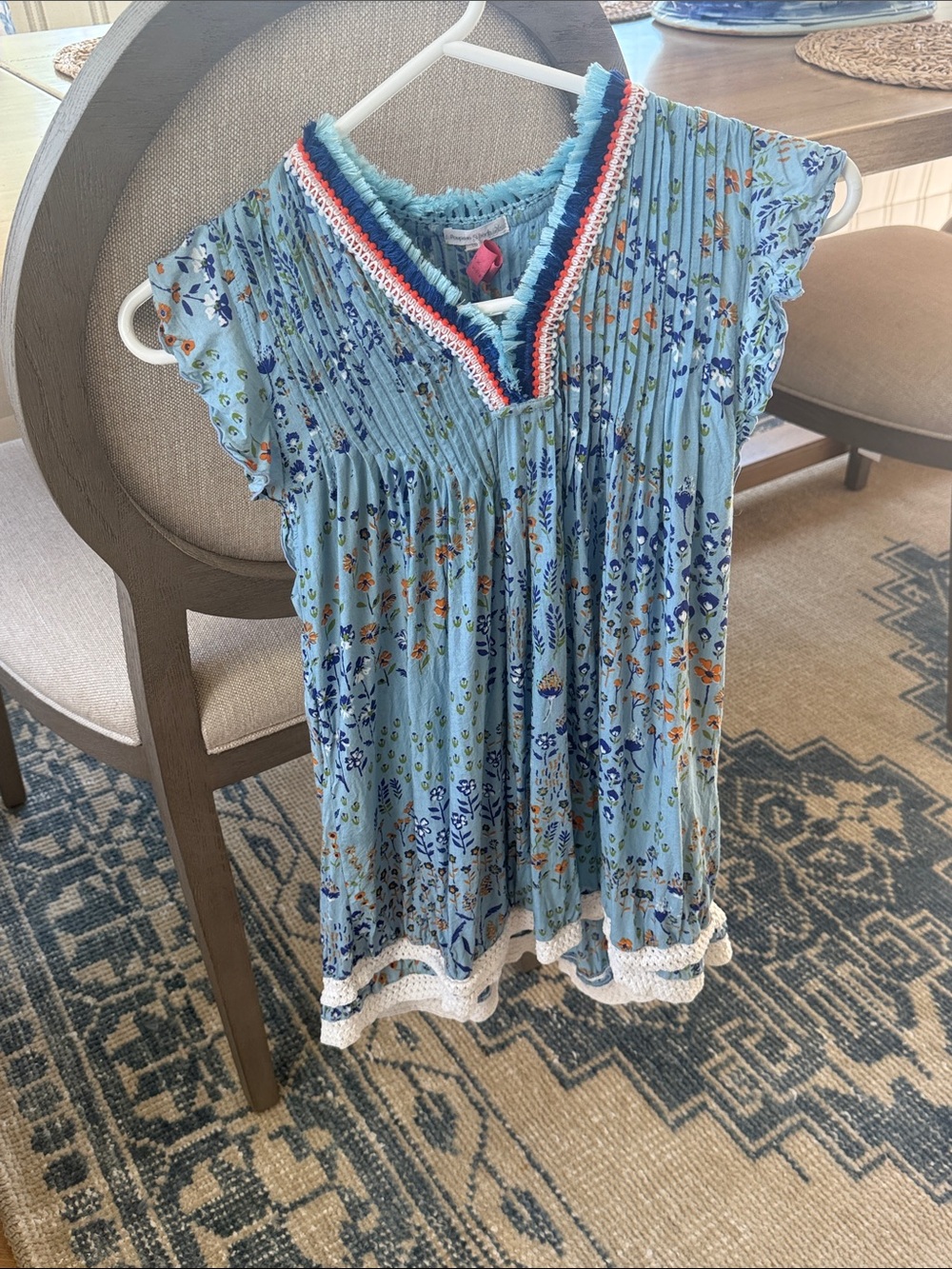 Poupette St. Barth Light Blue Floral V-Neck Pleated Tunic with Trim